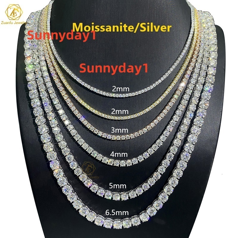 Hip Hop Iced Out D Color White VVS 925 Sterling Silver 2MM 3MM 4MM 5MM 65MM Moissanite Diamond Tennis Chain Necklace Women