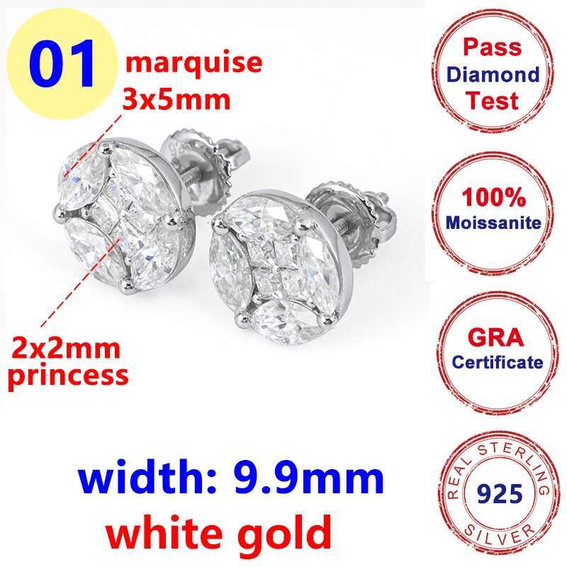 Full Moissanite Diamond Womens Earrings Princess Marquise D Color VVS S925 Sliver Hip Hop Top Quality Earrings for Women Men