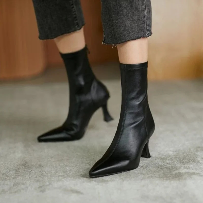 Women High Heel Short Leather Boots Boots Female Pointed Thin Heel Boots Ladies Ankle Short Boots Botas De Mujer 251110