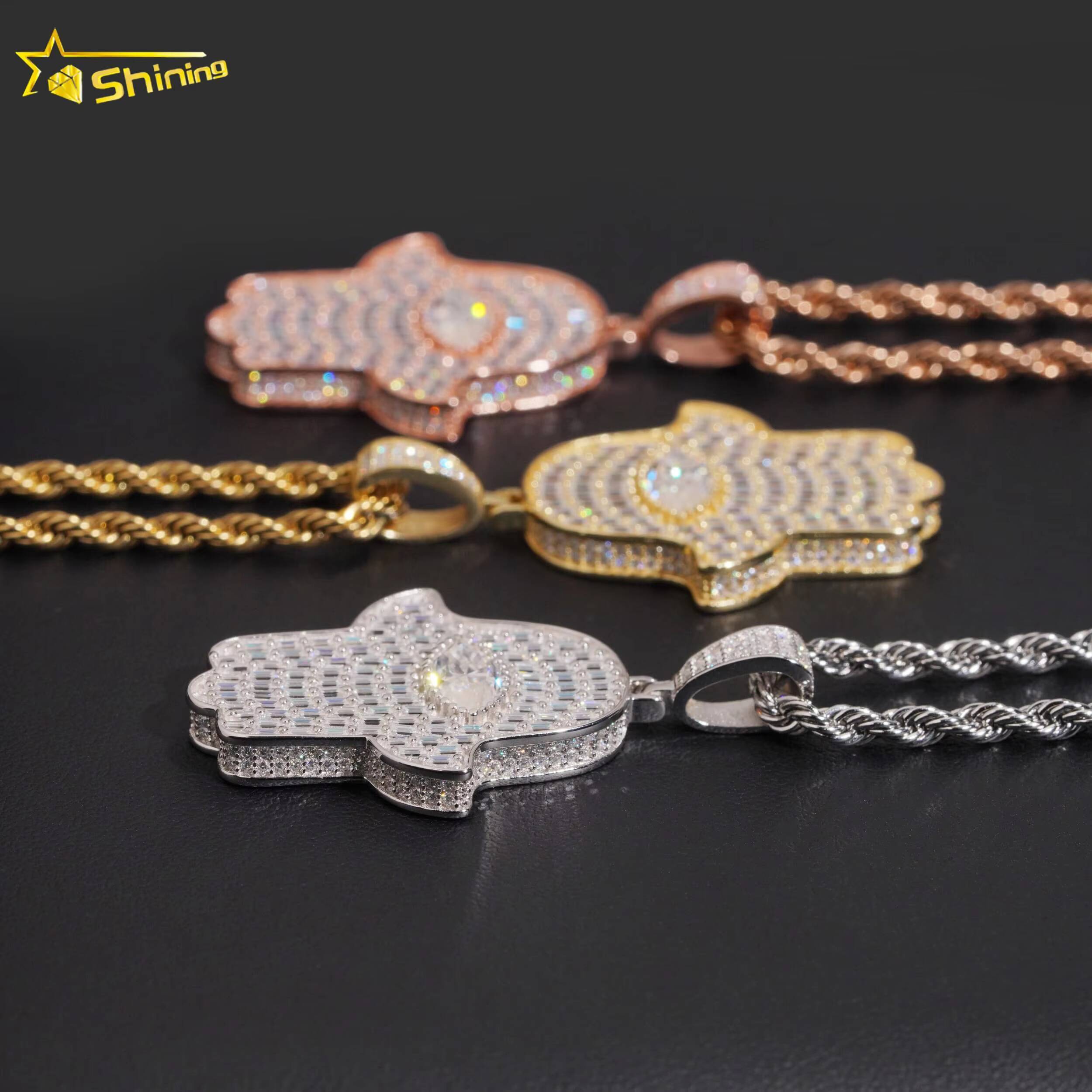 New Arrival Iced Out Baguette Moissanite Hamsa Pendant GRA Certificated 925 Silver Custom Pendant Moissanite Hip Hop Jewelry