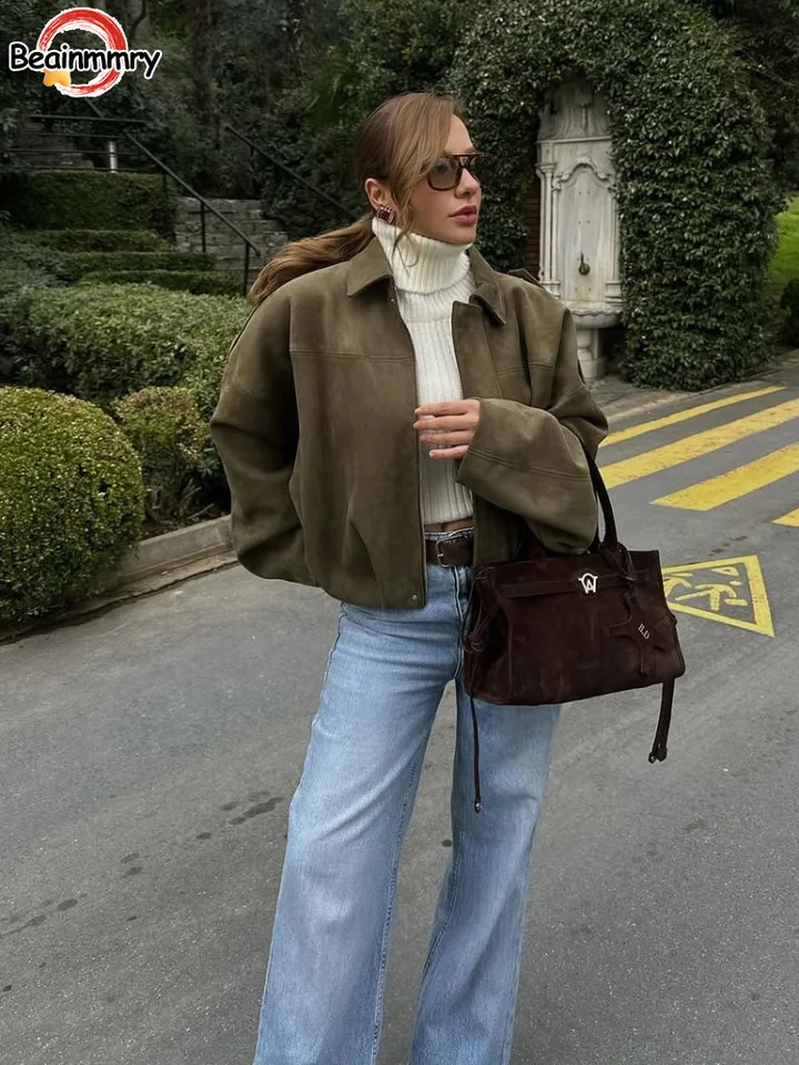 Fashion womens green suede jacket 2025 style spring lapel long sleeved zipper oversized bomber fashion clothing 250407