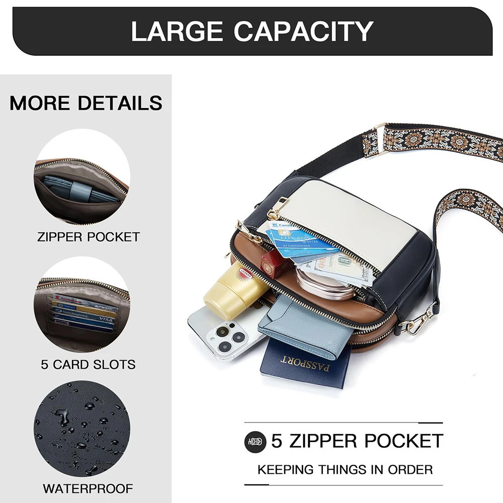 Stylish Wide Strap Shoulder Bag Womens Multiple Pockets Faux Leather Crossbody Bags Adjustable Travel Handbag Purse 251103