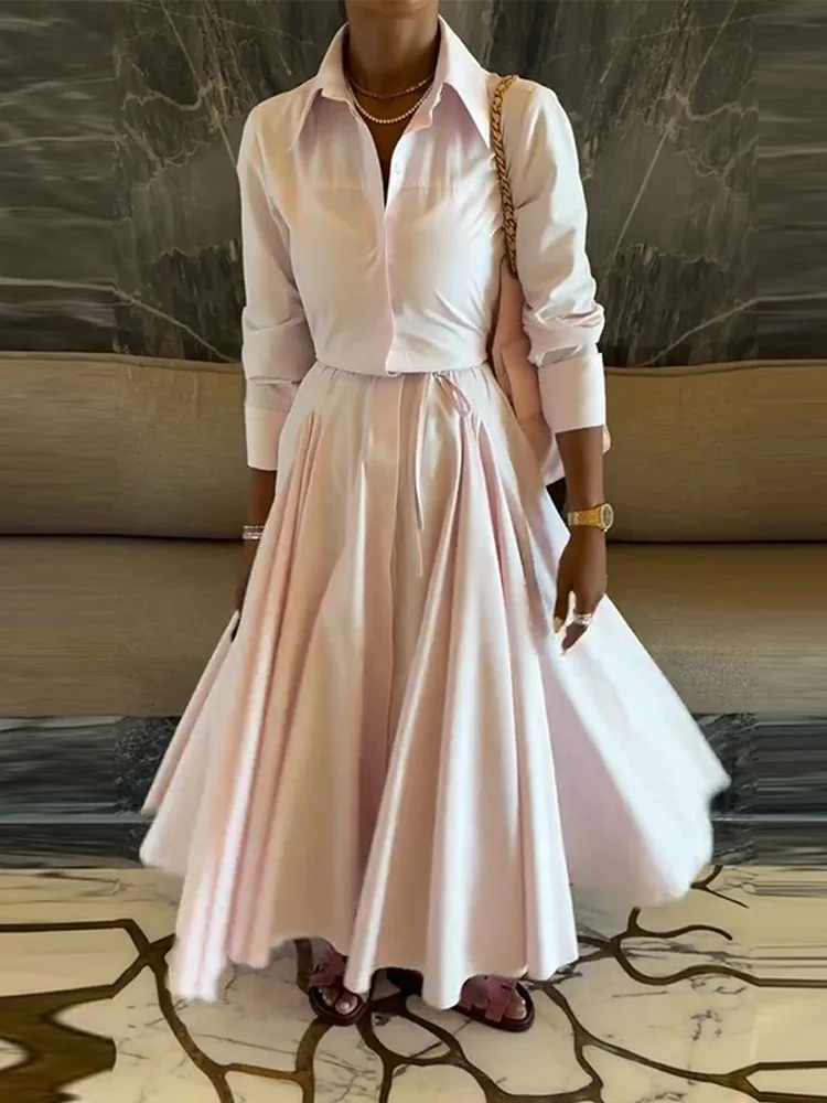 Elegant Solid Shirt Maxi Skirt Dress Set Womens Formal Long Sleeve Lapel Shirts A-line Skirts Loose Fit Office Female Outfit 251105