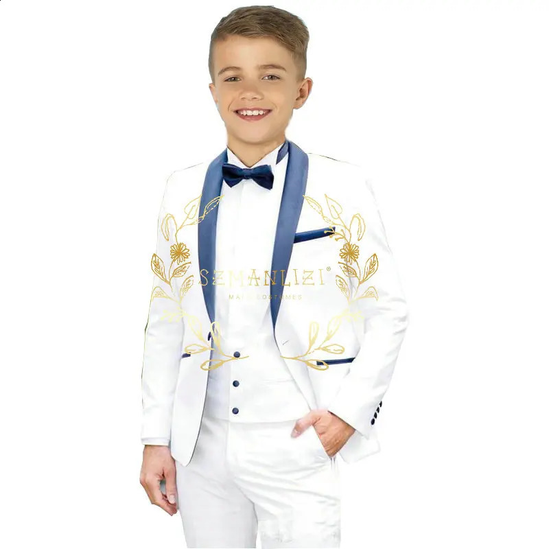 Boys Suits 3 Pieces White Wedding Suits For Kid Navy Blue Shawl Lapel Children Formal Party Prom Wear Ensembles De Blazers 250410
