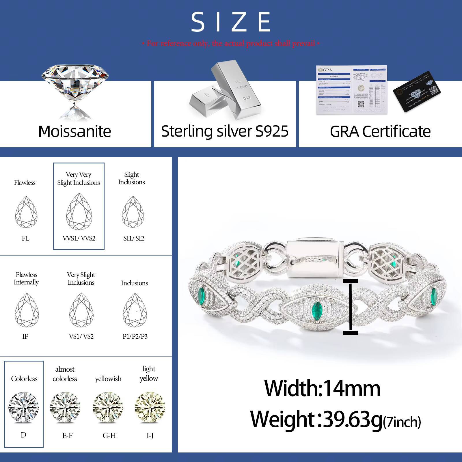 Hip Hop Jewelry 14mm 925 Pure Silver White VVS Moissanite Colored Moissanite Infinity Evil Eye Link Bracelet