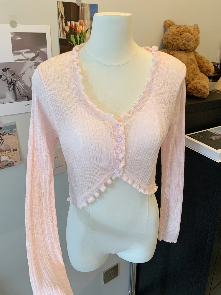 Lace border button long sleeved crop top womens short open front rib knitted cardigan 250407