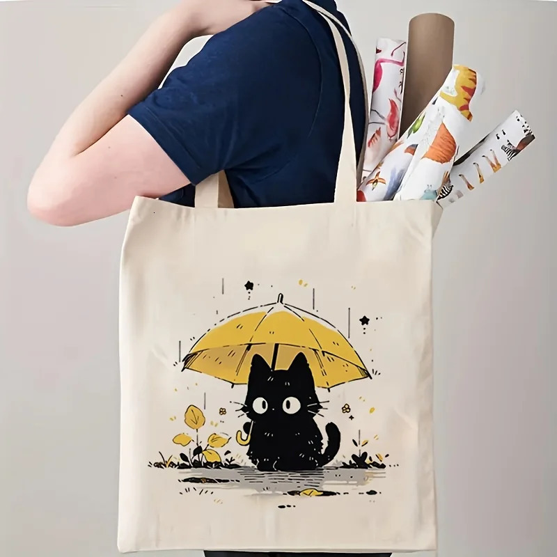 Casual Canvas Tote Bag with Cute Cat Print Reusable Animal Printed Shopper Fixed Shoulder HighCapacity for Shopping 251110