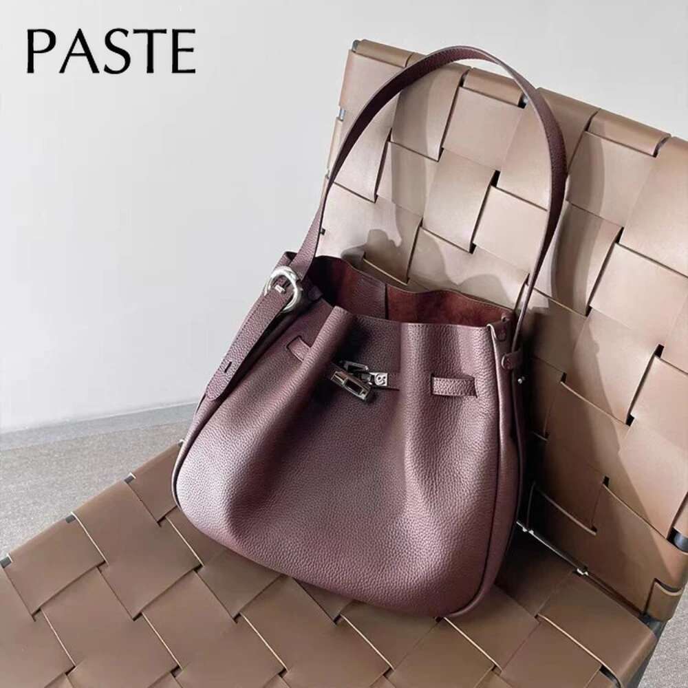 Designer Bag NEW Ins Stylish Deep Maroon Color Hobo Bucket Tote 100% Genuine Cow Leather Soft Women Handbag Urious Female Shoulder Bag