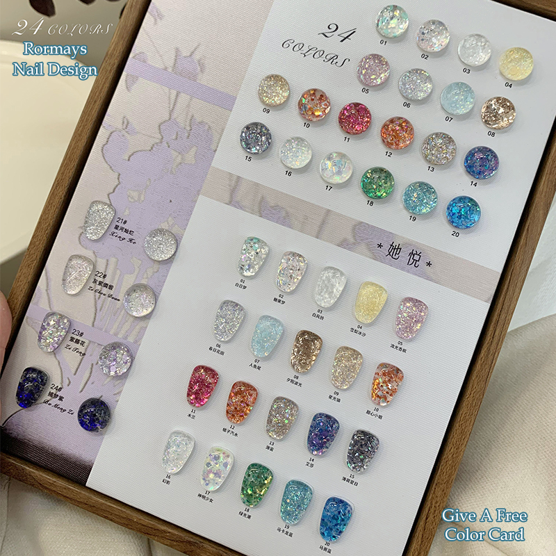 Rormays Colorful Sequins gel Nail 24PCS Mixed Varnish Chip Shiny Summer Semi permanent Korean Sequins UV Japanese Nail Salon Primer Finish 15ML Wholes
