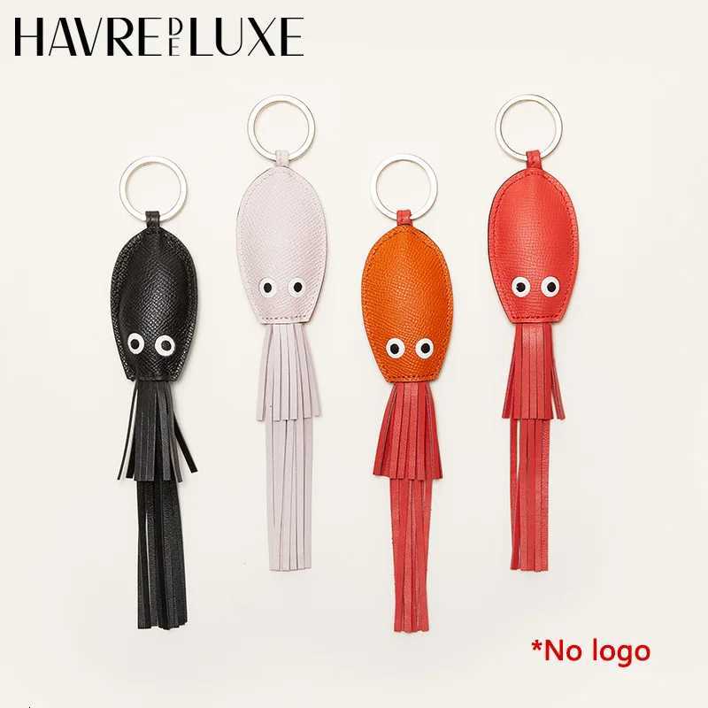 Cowhide handmade bag charm leather squid charm key ring tassel design pendant car keychain bag accessoriesW251105