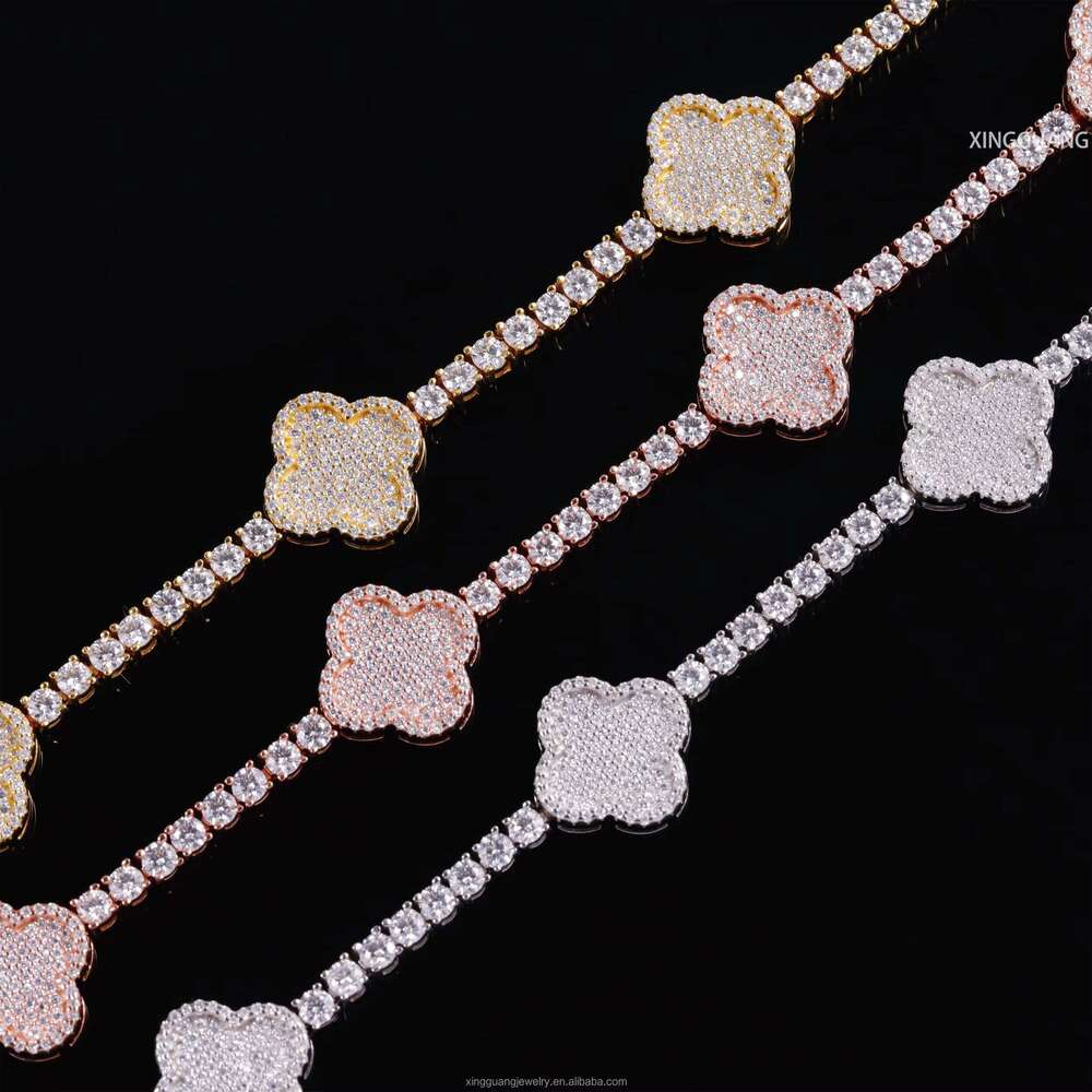 Fashion Four Leaf Gold Plated S Sier 3MM 4MM Mossanite Link Clover Charms Tennis Chain Jewelry Bracelet