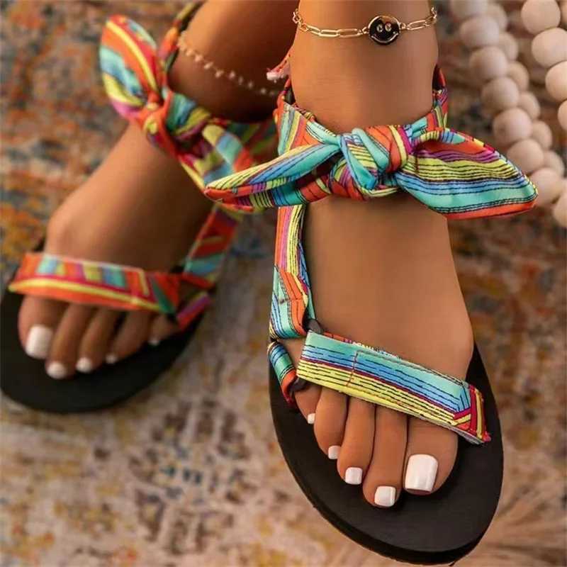 New summer womens sandals in flat casual lace bow shoes suitable for womens Fi 2023 outdoor leopard beach MUJIXJ250410
