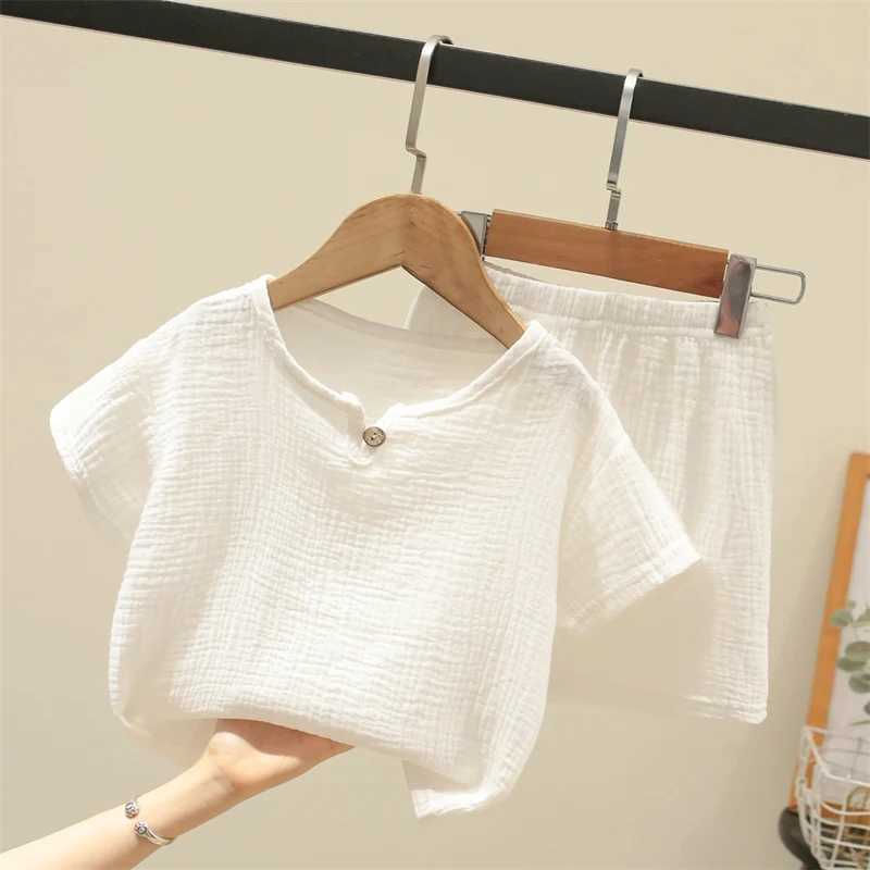 Summer childrens clothing set suitable for 0-6Y boys and girls cotton linen plain weave set T-shirt top+shorts 2 pieces of baby terrace clothingXJ2504