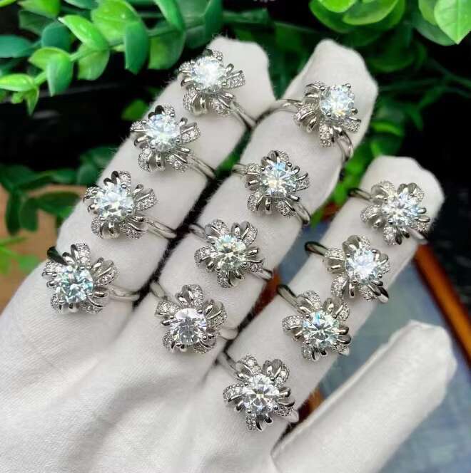 Factory Wholesale Womens Mosang Diamond Jewelry Copper Silver Adjustable Mens Ring High Quality Shining Mosang Diamond Ring