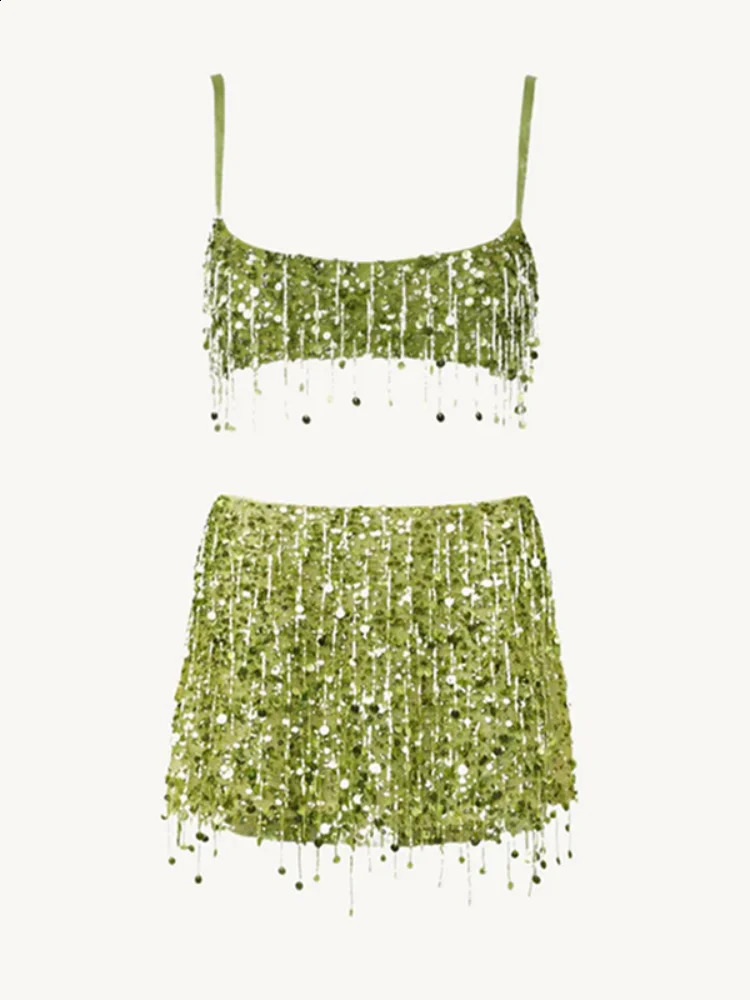 Sexy Sequins Tassel Skirt Sets Women Sling Crop Tops Hip Package A-line Short Skirts 2025 Summer Chic Beach Party Outfits Lady 250409