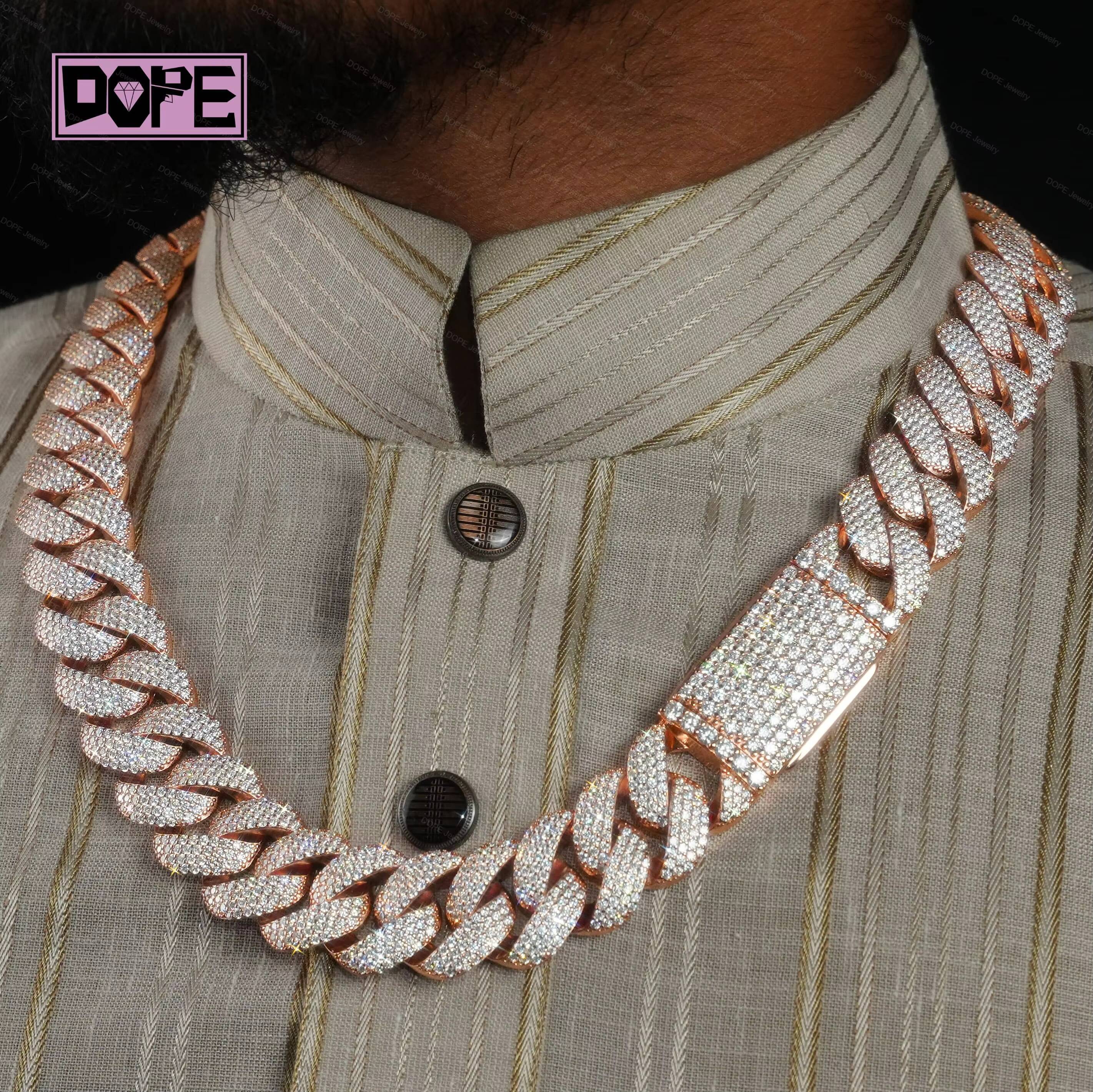 18mm 20mm Moissanite Chain Men Necklace Hip Hop 925 Silver Rose Gold Iced Out VVS Moissanite Cuban Link Chain