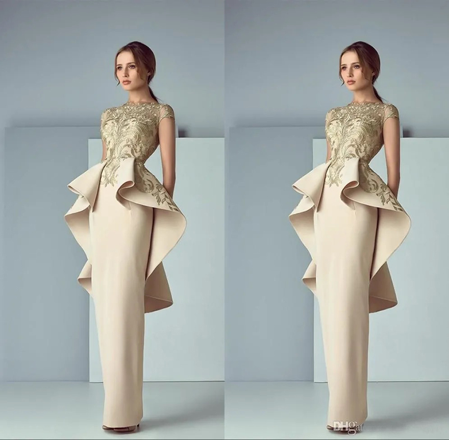 Champagne Arabic Evening Dresses Ruffles Sheer Bateau Neck Back Peplum Evening Gowns Sweep Train Formal Prom Dress ogstuff formal dress