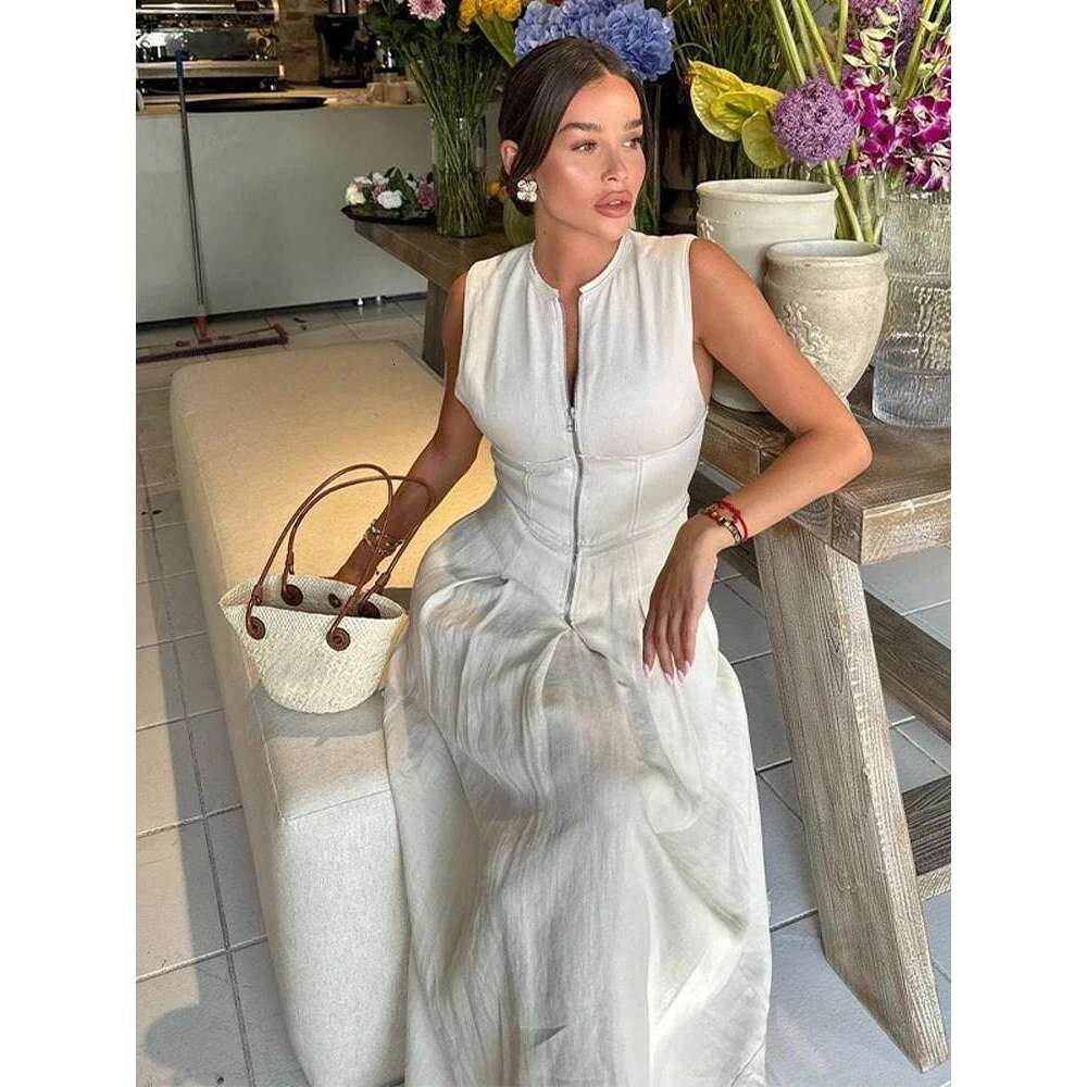 Sleeveless Spliced Zipper Maxi Summer Dress Women Elegant High Waist Slim Pleated Long Dresses Office Lady Street Robes Female