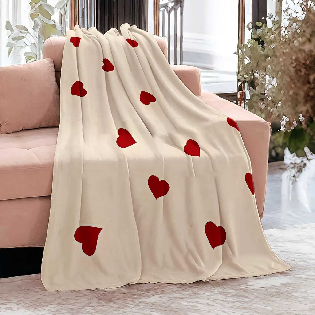 Cozy Heart Flannel Blanket Red Love Motif Beige Background Soft Plush Throw Sofa Couch Decor Romantic Warm Cozy Lover Gift C251111