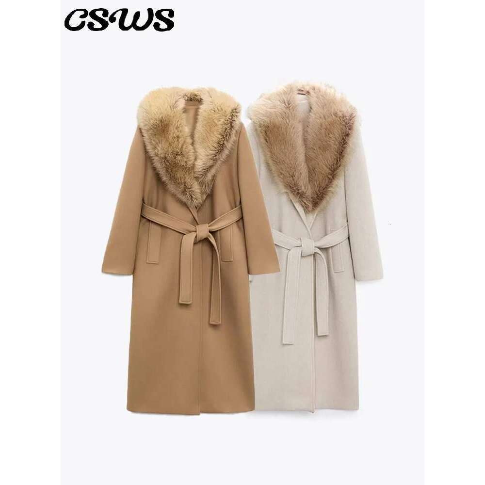 Elegant Fur Lapel Long Coat Women With Belt Woolen Full Sleeve Lace Up Loose Thicken Overcoat 2025 Spring Solid Pocket Outwear