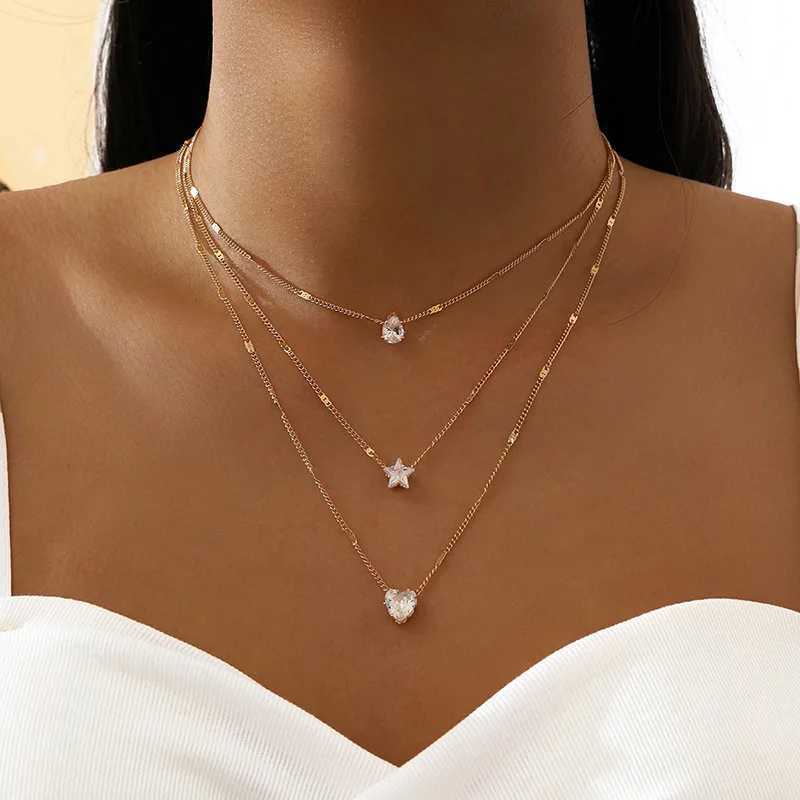 FTCY 3 Pcs Vintage Crystal Love Heart Necklace Set for Women Simple Multilayered Gold Color Womens Necklace Hypoallergenic JewC250411