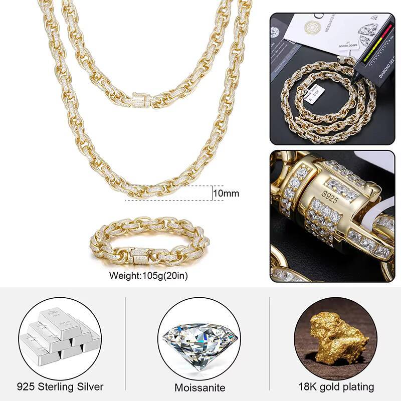 New Design Bling Rapper Jewelry Hip Hop Men 10mm 925 Sterling Silver VVS Baguette Moissanite Diamond Iced Out Twist Rope Chain