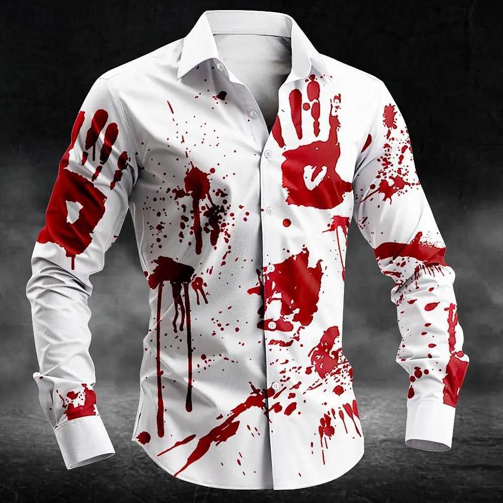 2025 Halloween Mens Letter Printed Blood Stains Shirt Button Up Shirt Long Sleeve Dark Punk Gothic Style Streetwear Mens Tops K251110