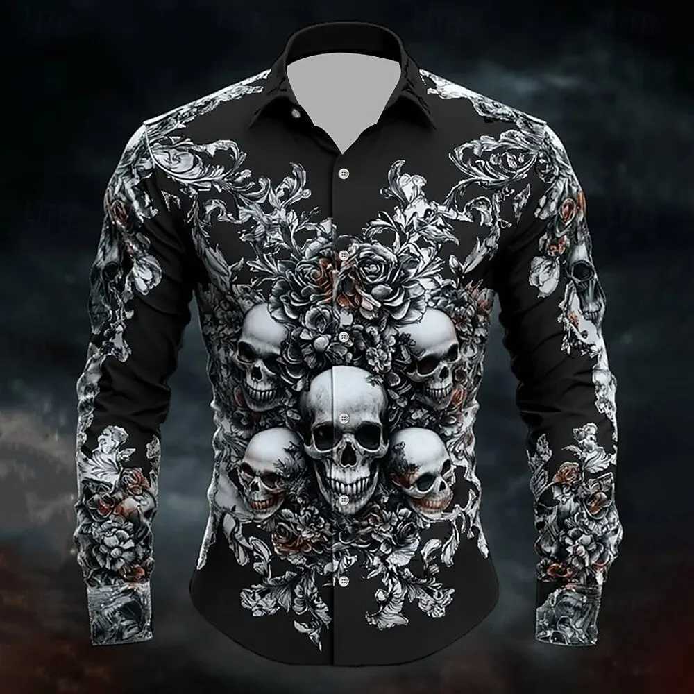 2025 Halloween Theme Mens Halloween Costumes Skulls Shirt Button Up Shirt Casual Dress Shirt Long Sleeve Dark Gothic Style Tops K251110