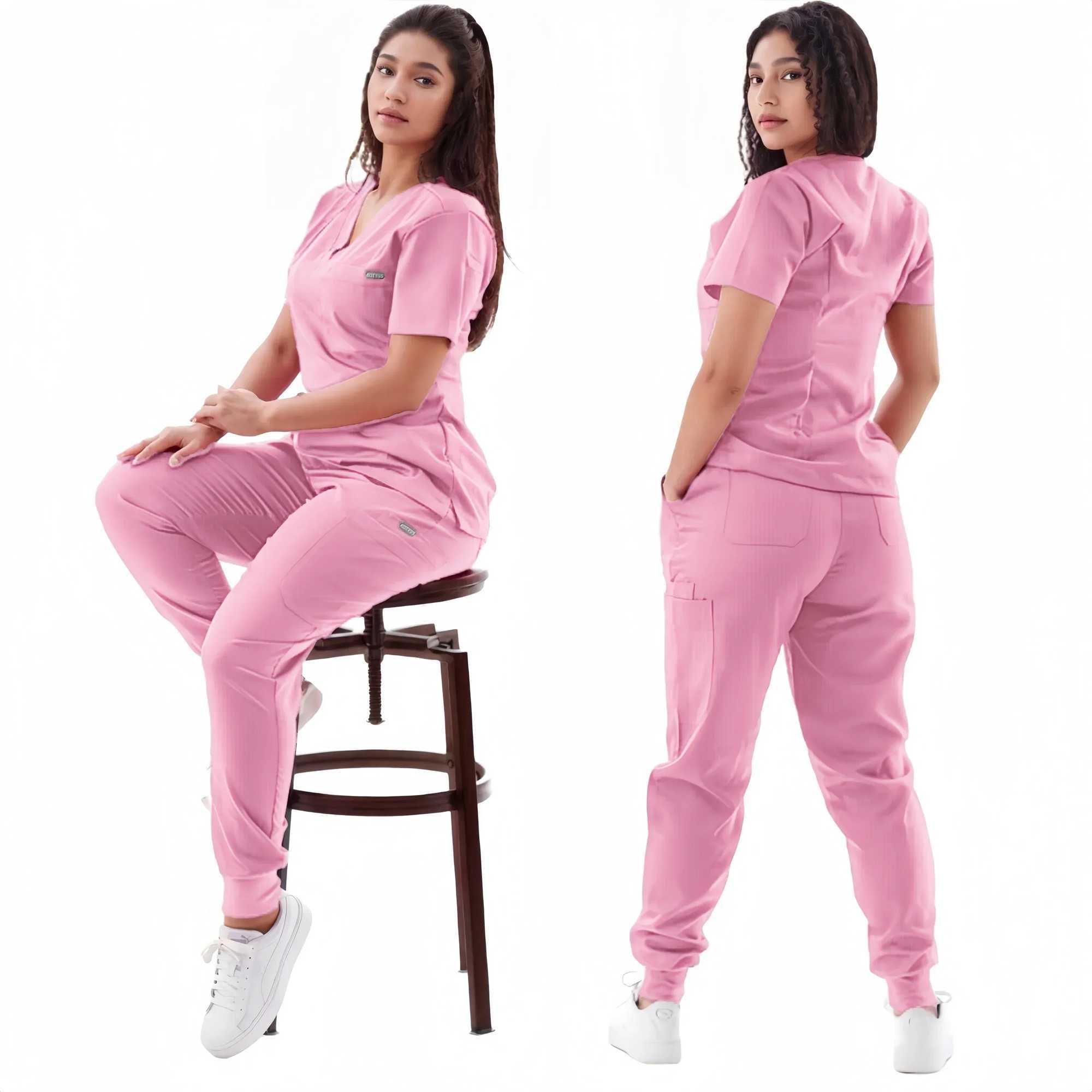 Multicolour Jogger Suit Nurse Scrubs Set Medical Clinical Clothes Doctor Nursing Uniforms Short Slve V-neck Tops Pocket Pants X2505281