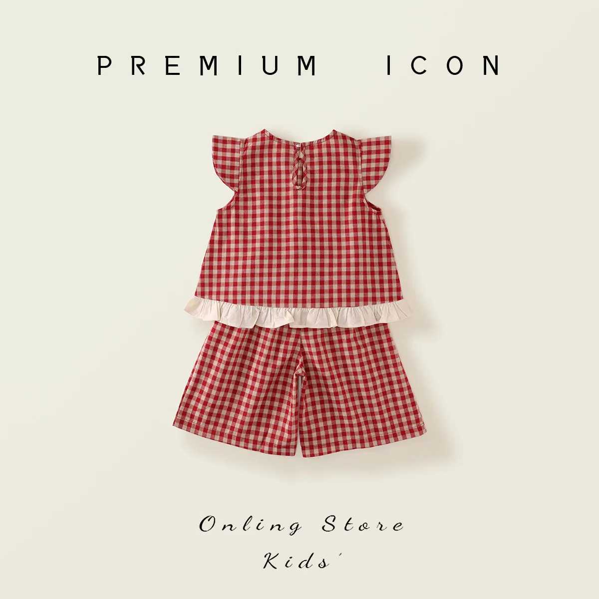 Summer Childrens Baby Girl 2PCS Clothing Set Cotton Fly Sleeve Red Grid T-shirt Set Loose Waist Shorts Set Childrens Girl SetXJ250410