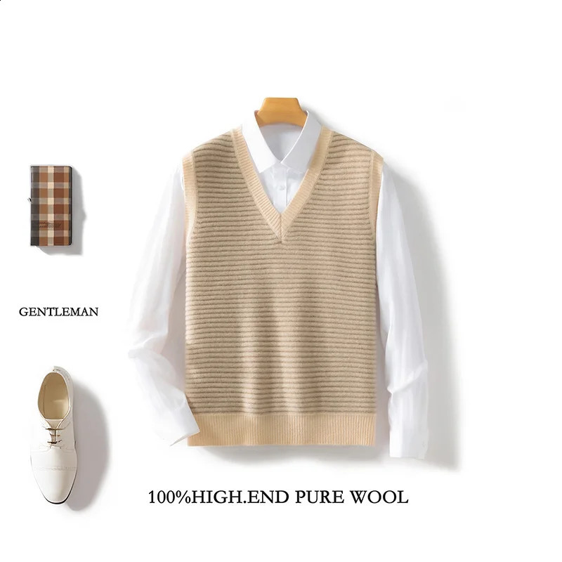 100 pure wool sleeveless vest for mens work in spring and autumn striped color matching knitted 250411Z