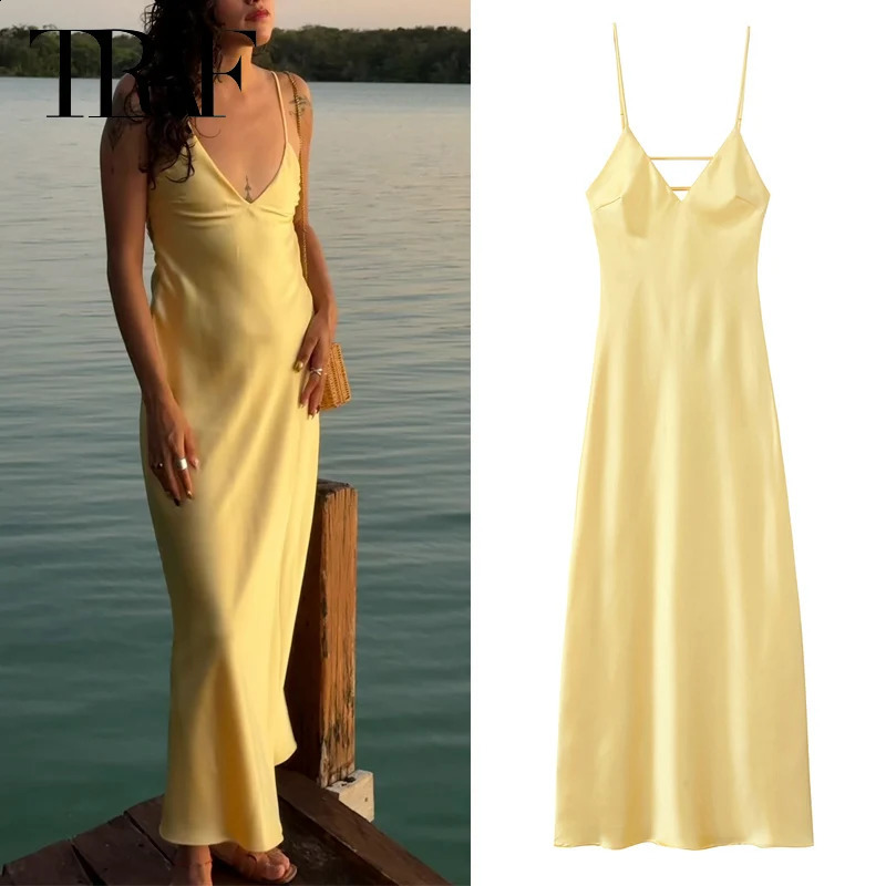TRAF Yellow Dress Summer Dress For Women Satin Backless V Neck Midi Dresses Elegant Evening Party Dress 2025 Holiday Strap Dress 250410