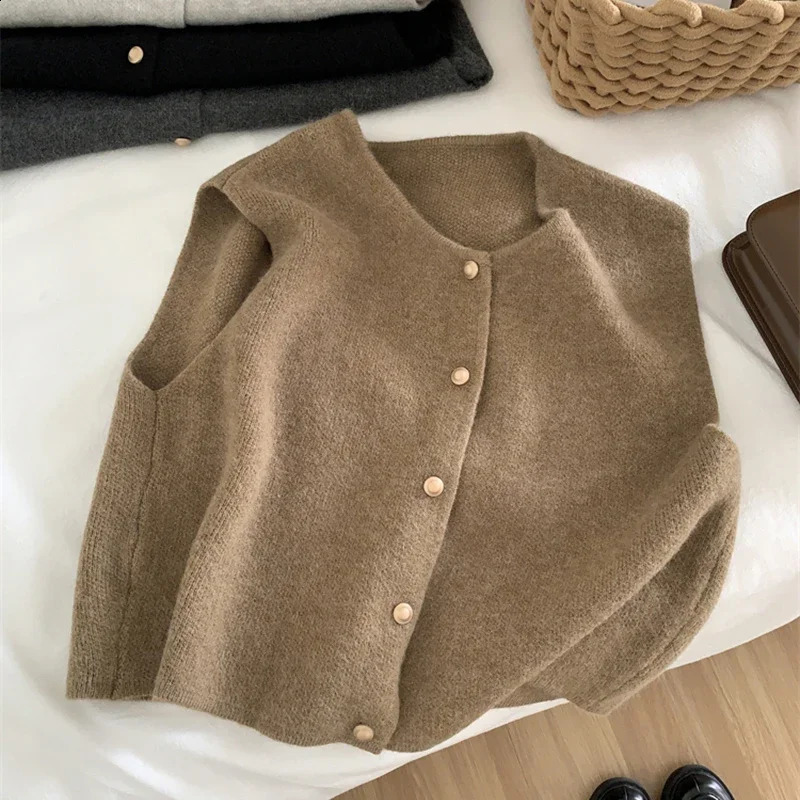 Autumn womens cardigan wool sweater Korean elegant knitted sleeveless casual Tank fashion ultrathin top 250407