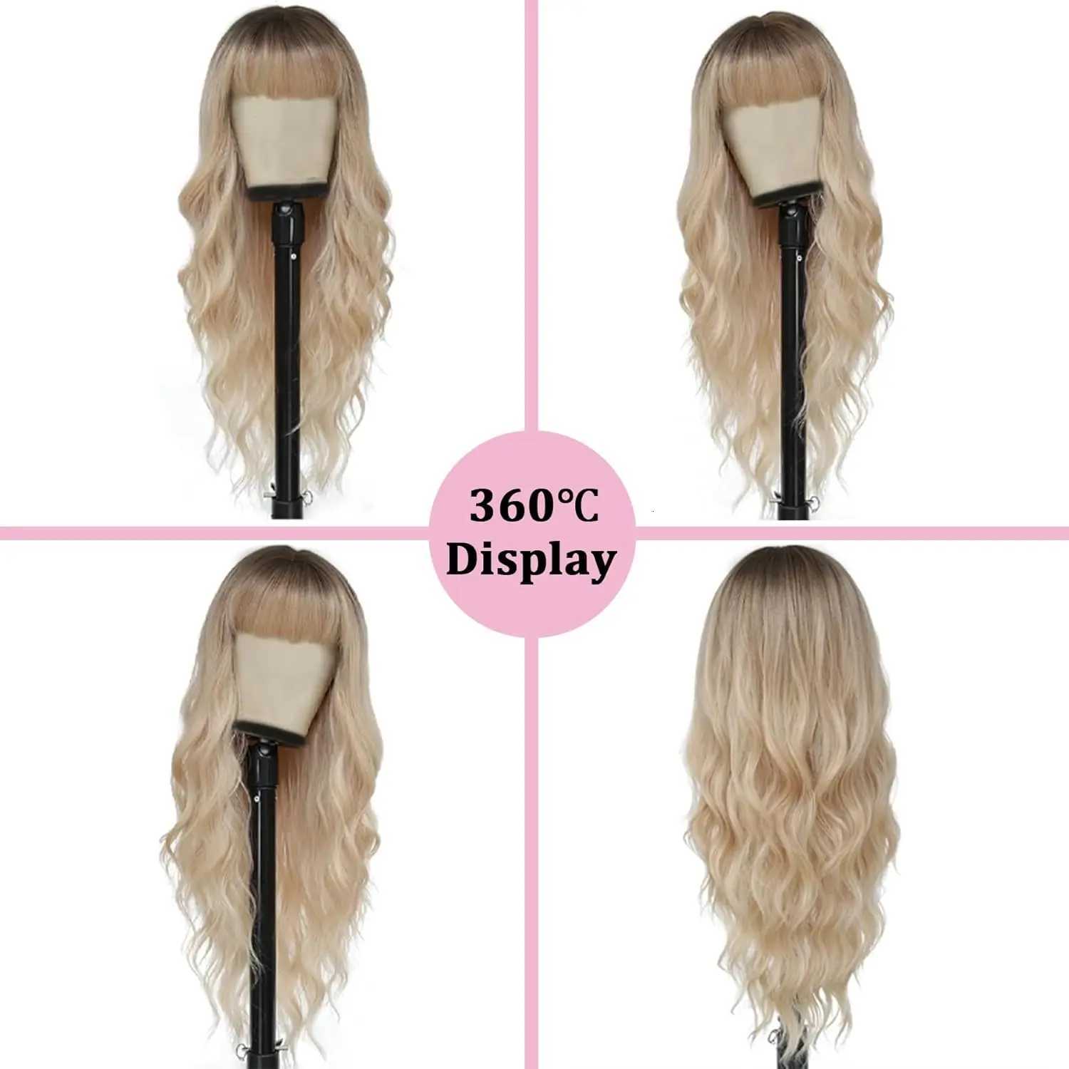 Ombre Blonde Wig with Bangs Long Wavy Wig Platinum Blonde Wigs for Women with Dark Roots Natural Synthetic Wigs Curly HairT251111