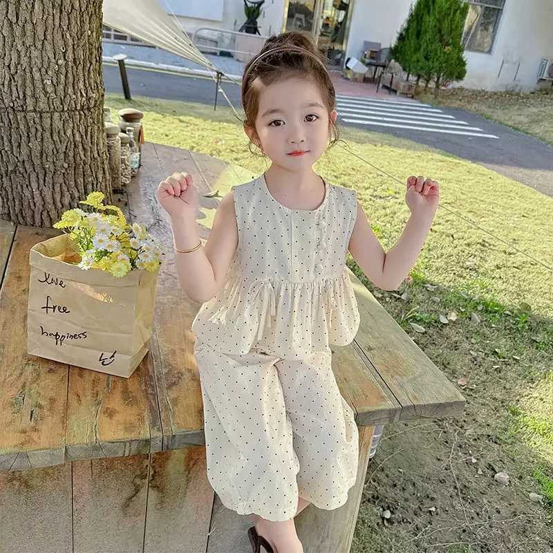 Baby girl casual clothing summer sleeveless polka dot top+wide leg pants set with bow and Burton 2PCS set childrens clothingXJ250410