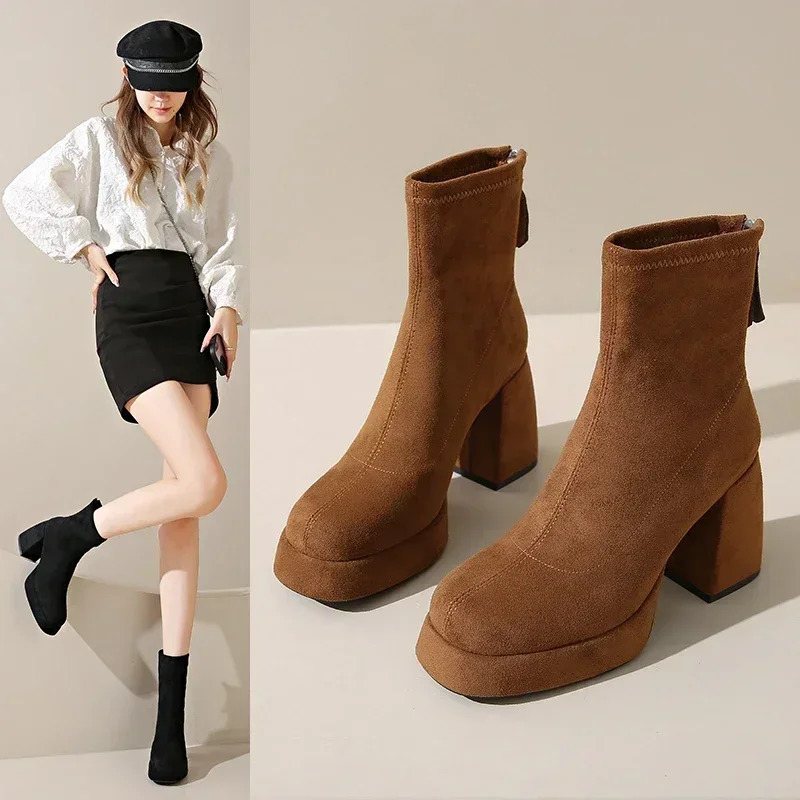 Womens Fashion High-heeled Boots Winter British Style Soft Sole Anti-slippery Catwalk Versatile Keep Warm Leather Shoe 251110