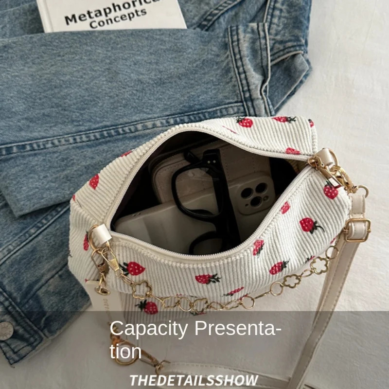 Strawberry print horizontal mini bag Corduroy Fresh Ins style lingerie refined female student travel shoulder 250401