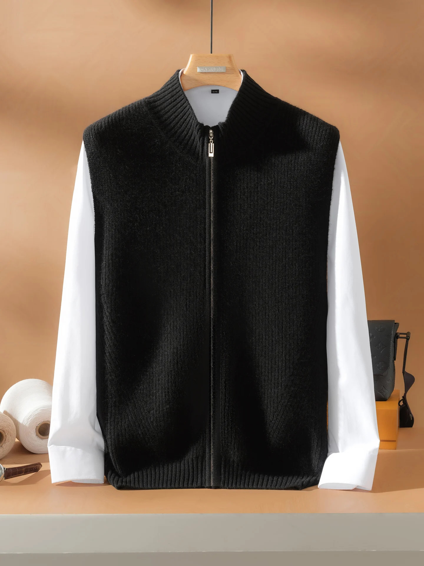 100 Cashmere Cardigan Vest Sweater Autumn Winter Men Mock Neck Zipper Sleeveless Soild Smart Casual Knitted Waistcoat Highend 251104