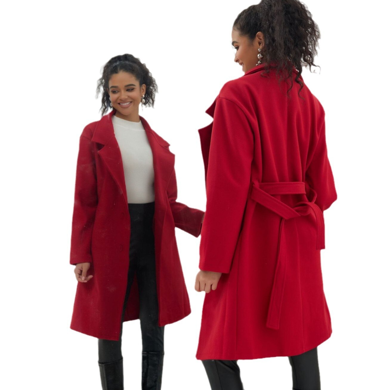 Autumn and winter new women's long lace up woolen solid color simple slim fit coat