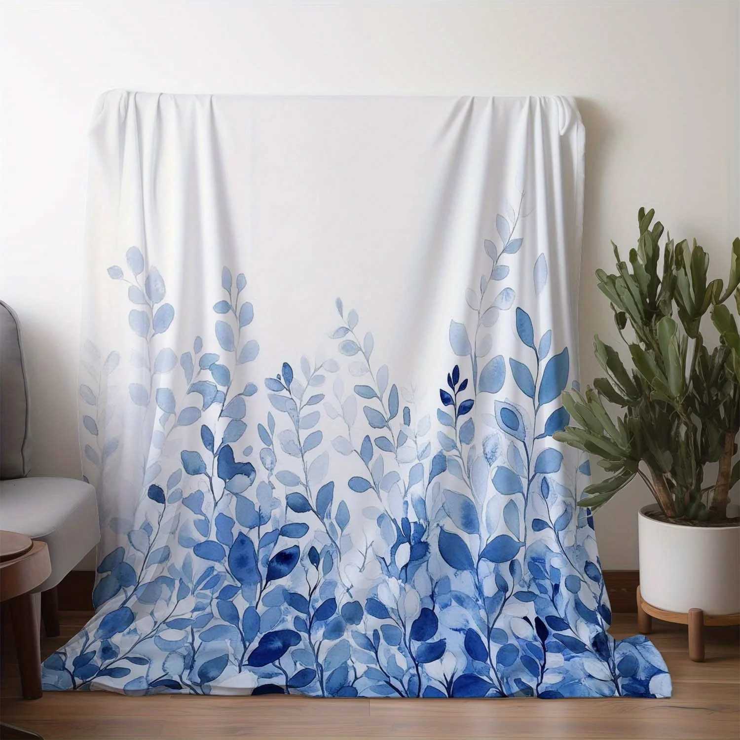 1pc Sdoo Vintage Floral Print Flannel Blanket - Soft All-Season Throw for Sofa Bed Car Office Camping Blue Leaf Design 25 C251111
