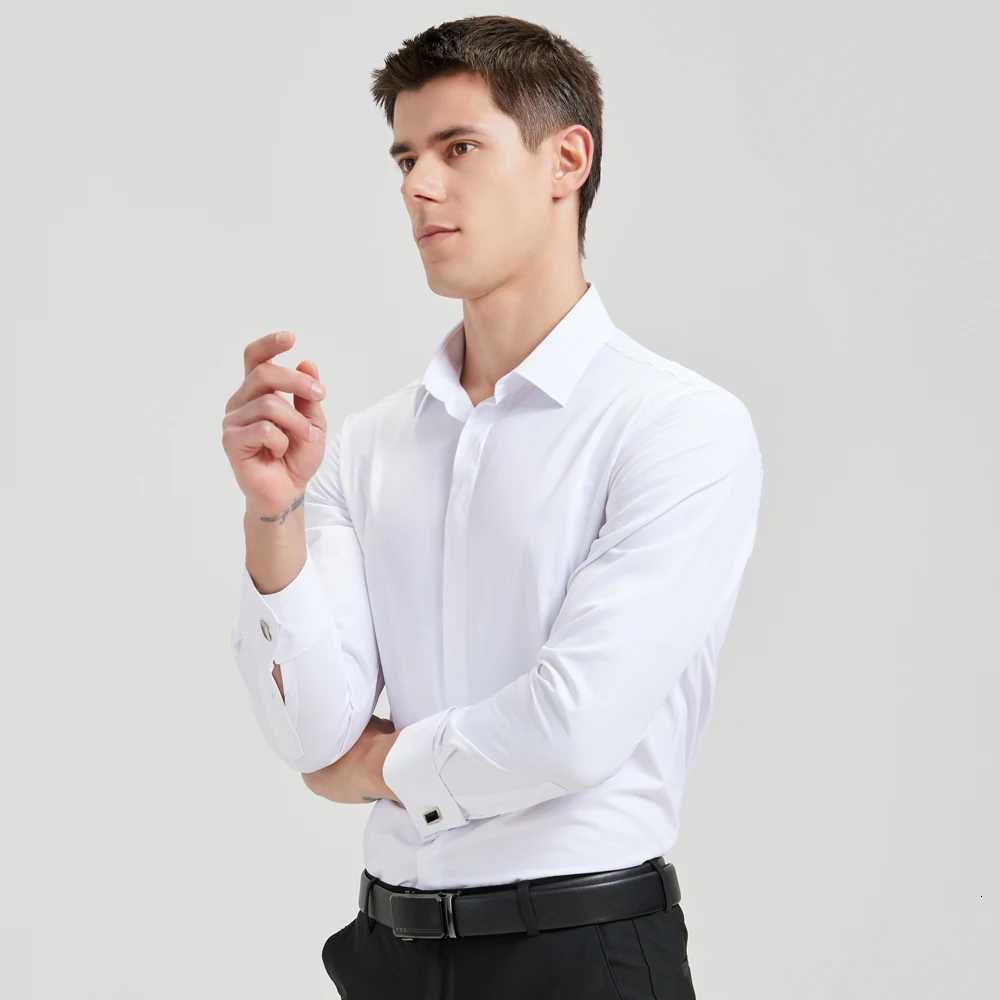 Mens Classic French Cuffs Solid Dress Shirt Fly Front Placket Formal Business Standard-fit Long Sleeve Office Work White Shirts K251110