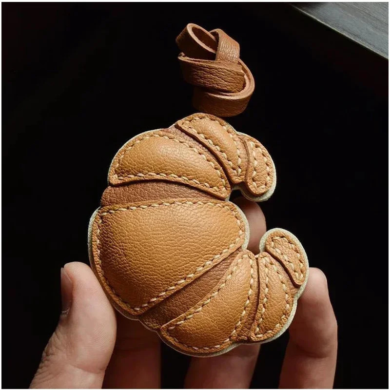 Handmade Real Leather Croissant Bag Charm KeyChain keyring 251110