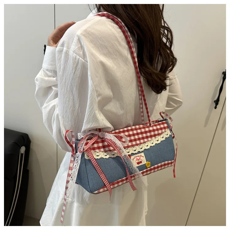 Versatile Lace Bow Plaid Women Shoulder Bags Casual College Girls Denim Underarm Bag Large Capacity Female Square Handbags Tote 251103