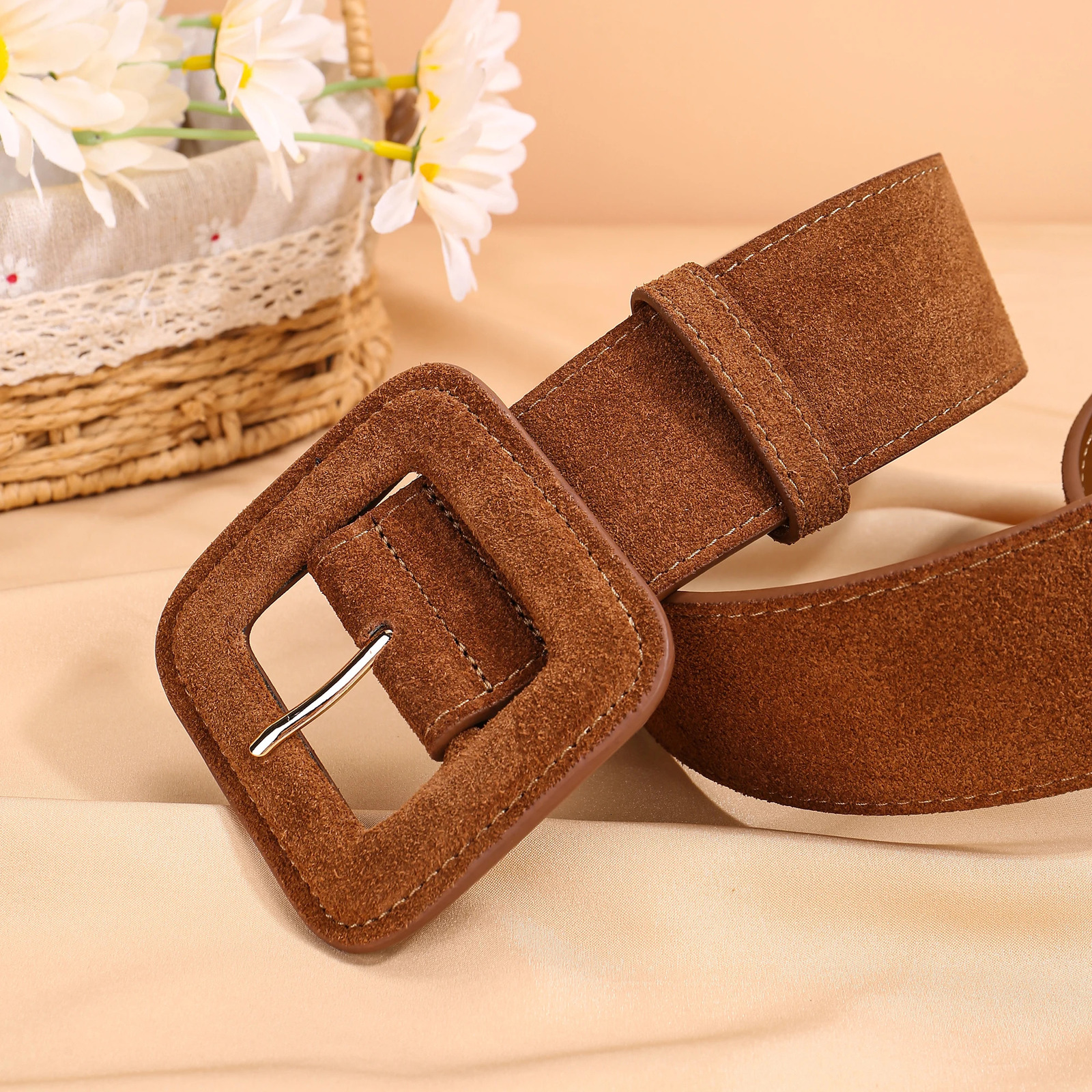 Fashion 48 width womens belt cowhide Suede Stitched Edge Self-Covered Buckle Belt suitable for coat decoration 251110