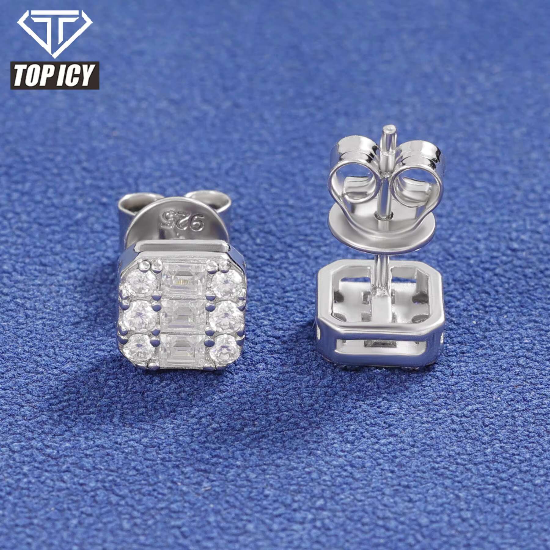 New Trendy Hip Hop Style Iced Out Jewelry 925 Sterling Silver VVS Baguette Moissanite Diamond Geometric Stud Earrings for Men