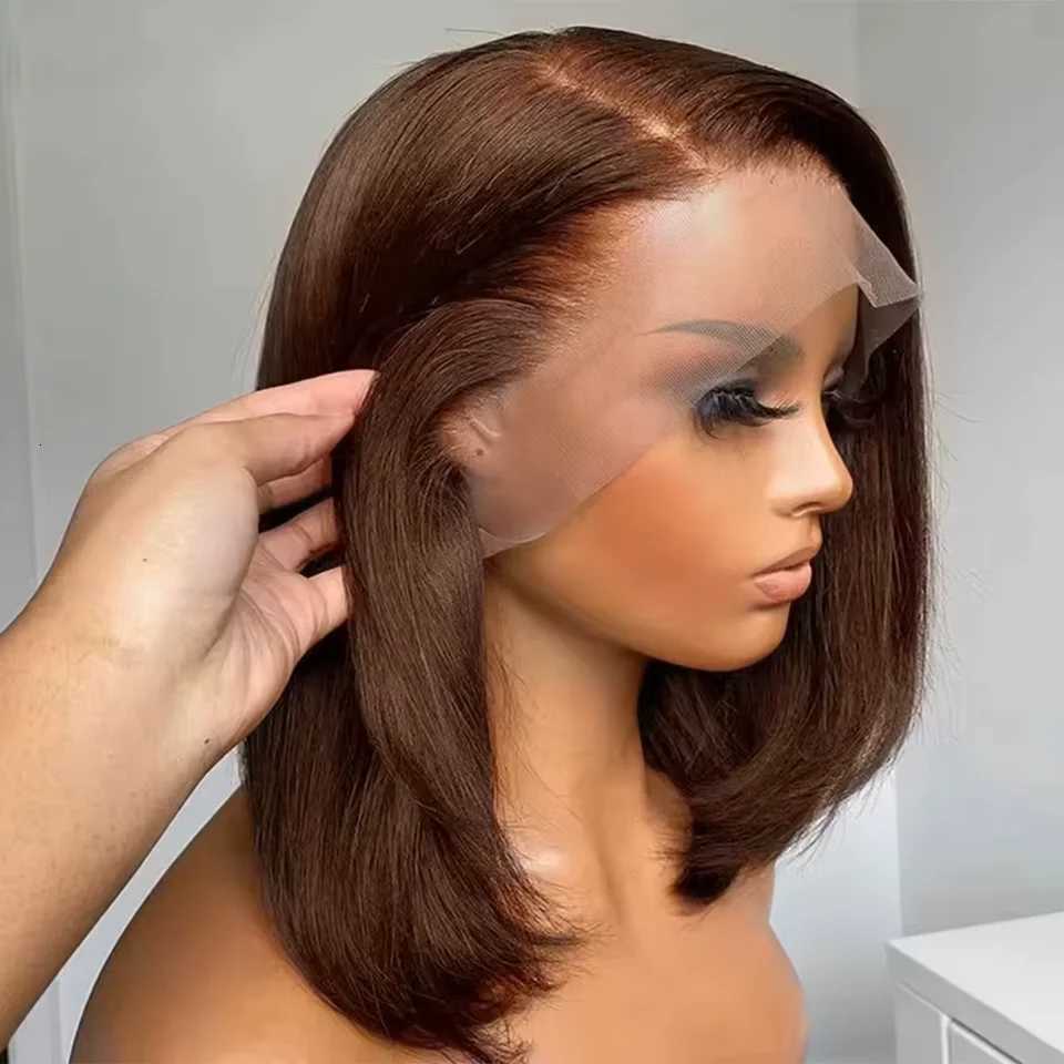 220 Density Full Frontal 13x4 HD Transparent Lace 4 Chocolate Brown Straight Short Bob Wig Human Hair Wigs Pre Plucked WigT251111