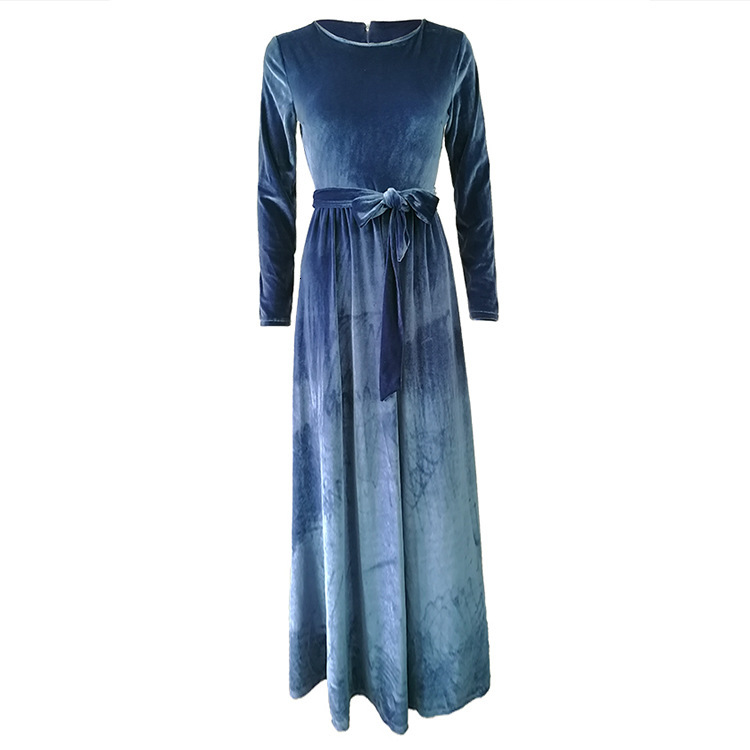 Women's New Solid Round Neck High Waist Lace up Gold Velvet Long Dress