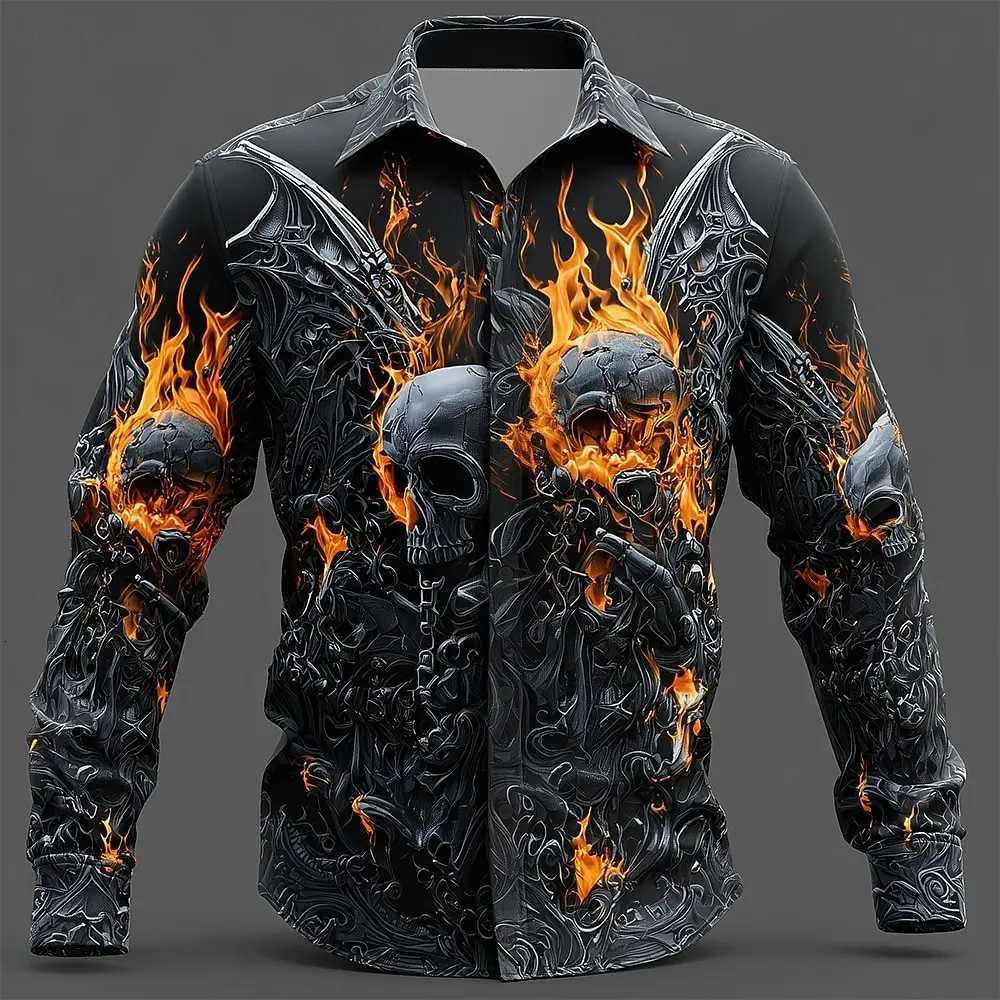 2025 Halloween Mens Skull Flame Halloween Costumes Shirt Button Up Shirt Long Sleeve Shirt Gothic Style Tops Fall Winter K251110