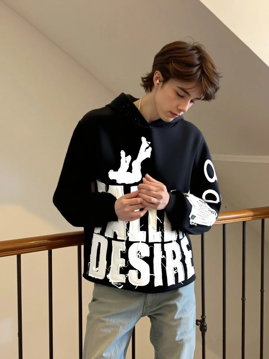 Mens Applique Embroidered Letter Hooded Sweatshirt Fallen Desire High Street Daily Hoodie 251110