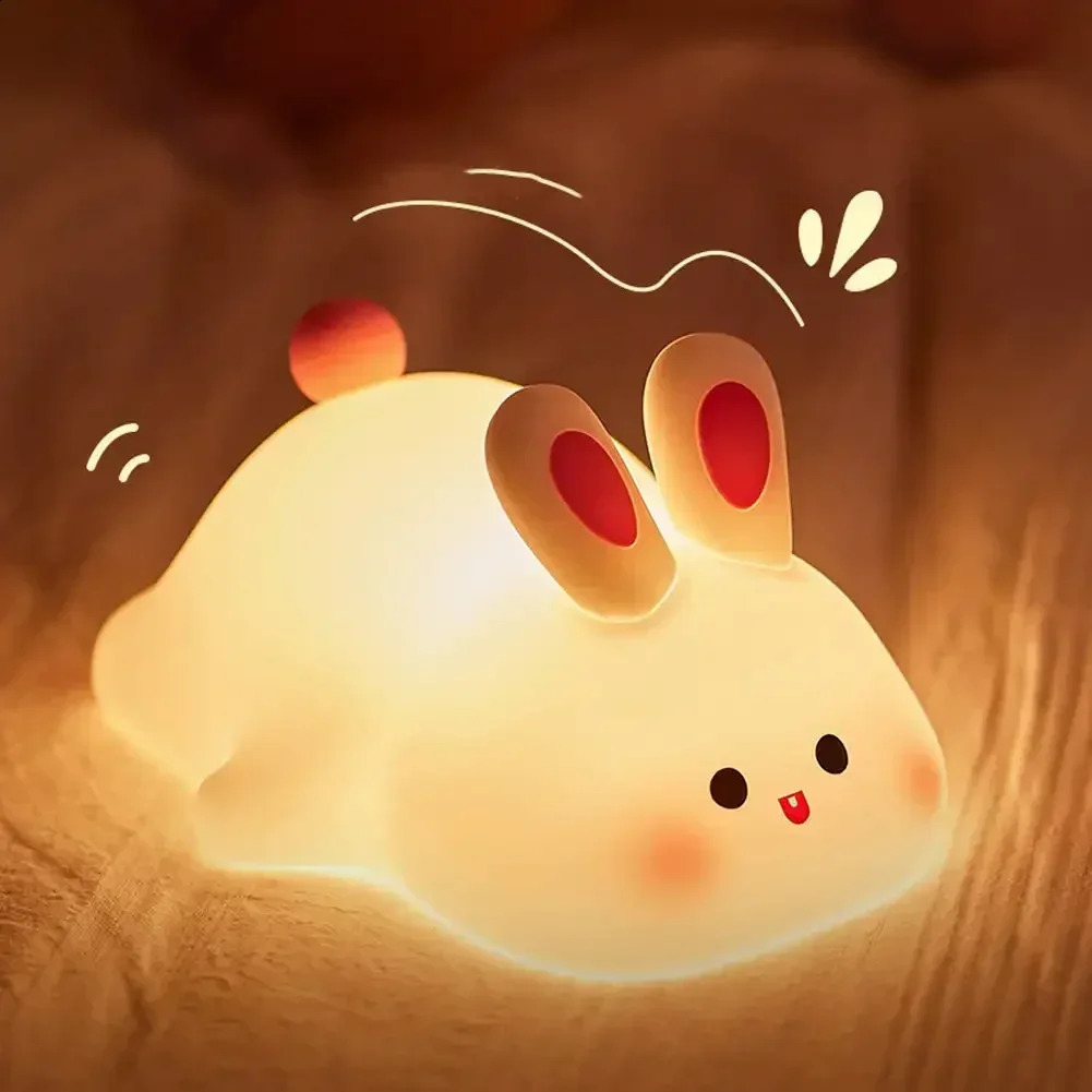 Cute Rabbit Silicone Night Lamp Touch Sensor Big Face Rabbit Pat Night Light Timing USB Rechargeable Light for Kids Gift 250410